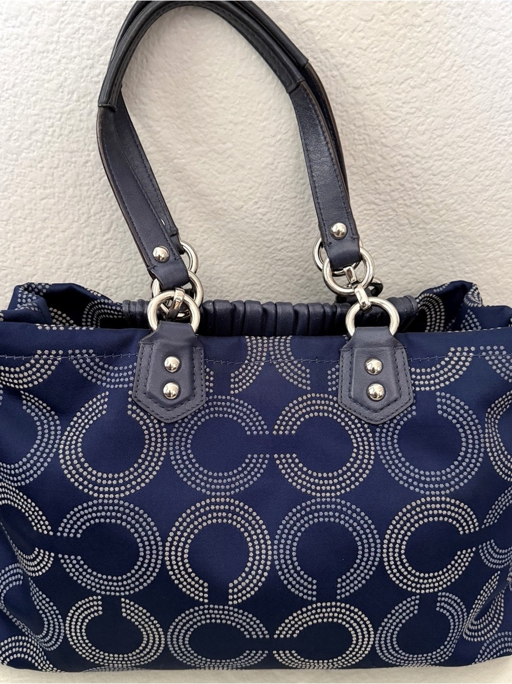 Coach Navy Quilted Signature Circle Tote with Silver Hardware - Picture 2 of 9